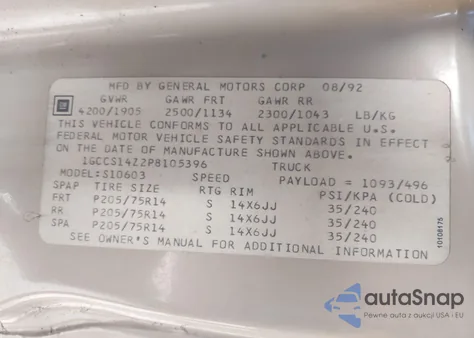 1993 Chevrolet S Truck S10 z USA, uszkodzony, nr VIN 1GCCS14Z2P8105396